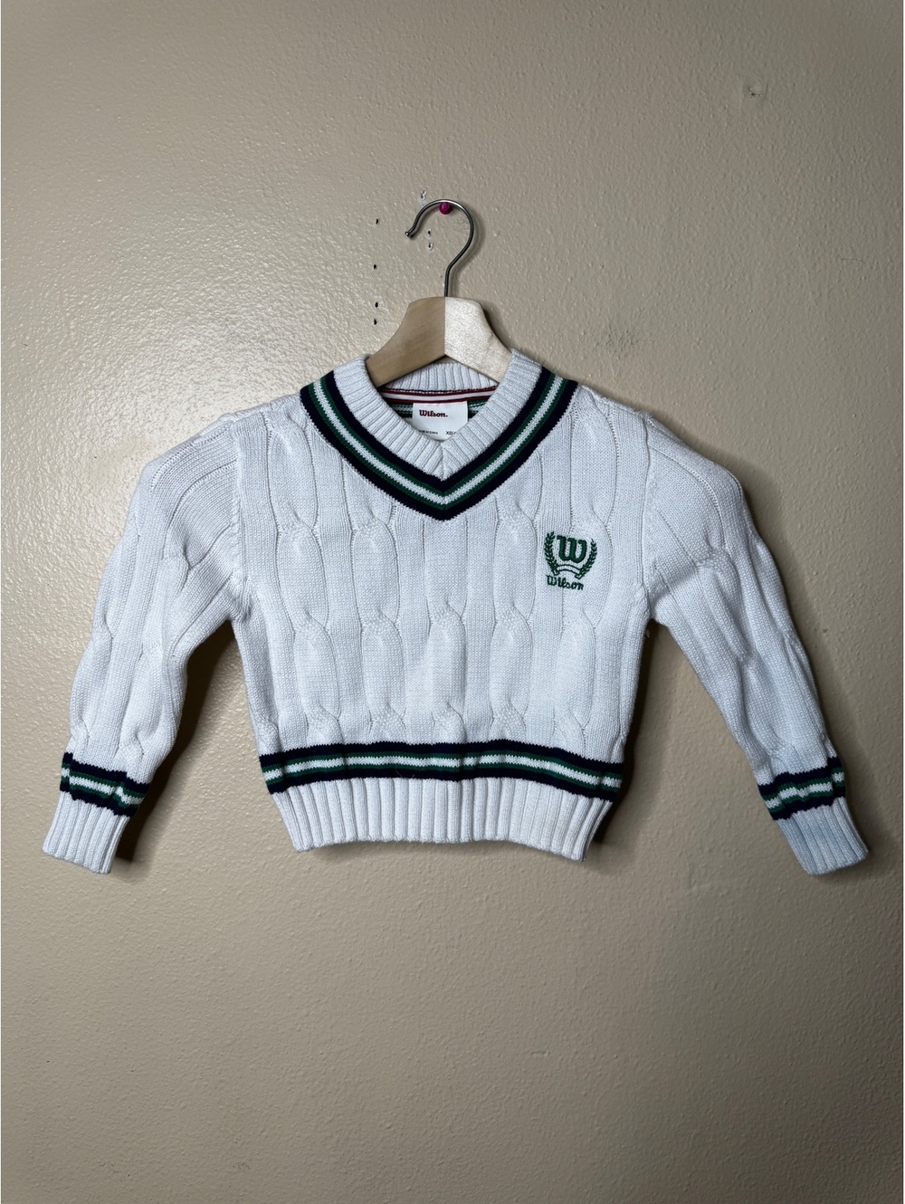 Wilson Kids Cable Knit Cricket Sweater White V-Neck Logo Pullover XS 4/5